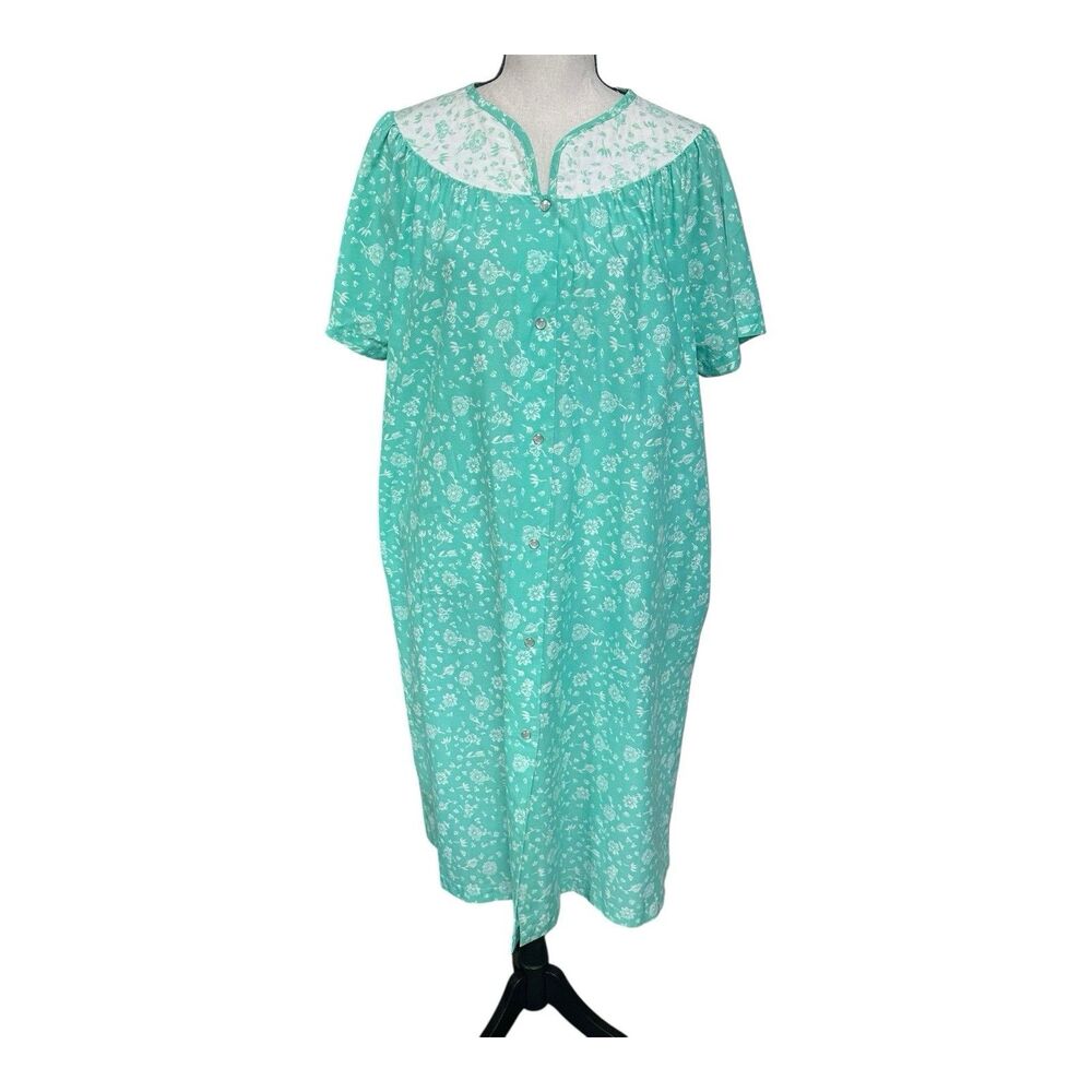 Vintage Kelly Reed Green Floral Snap-Front Housecoat Medium